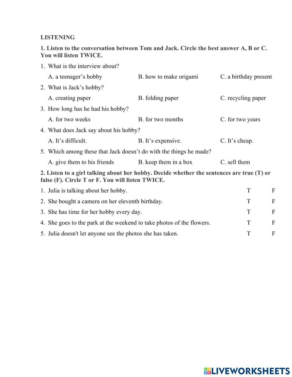 Listening online exercise for grade 7 | Live Worksheets