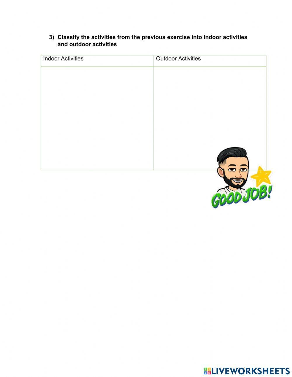 Indoor outdoor … | Free Interactive Worksheets | 1646212