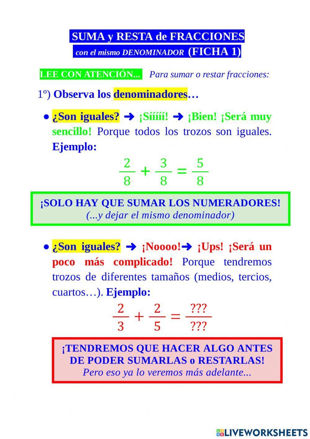 Suma y resta fracciones mismo denominador