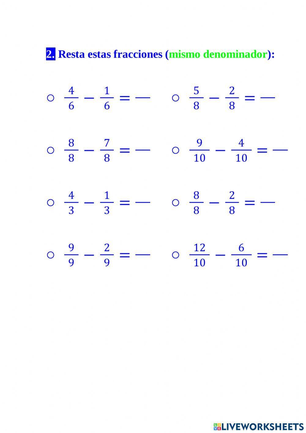 Suma y resta de fracciones con mismo denominador