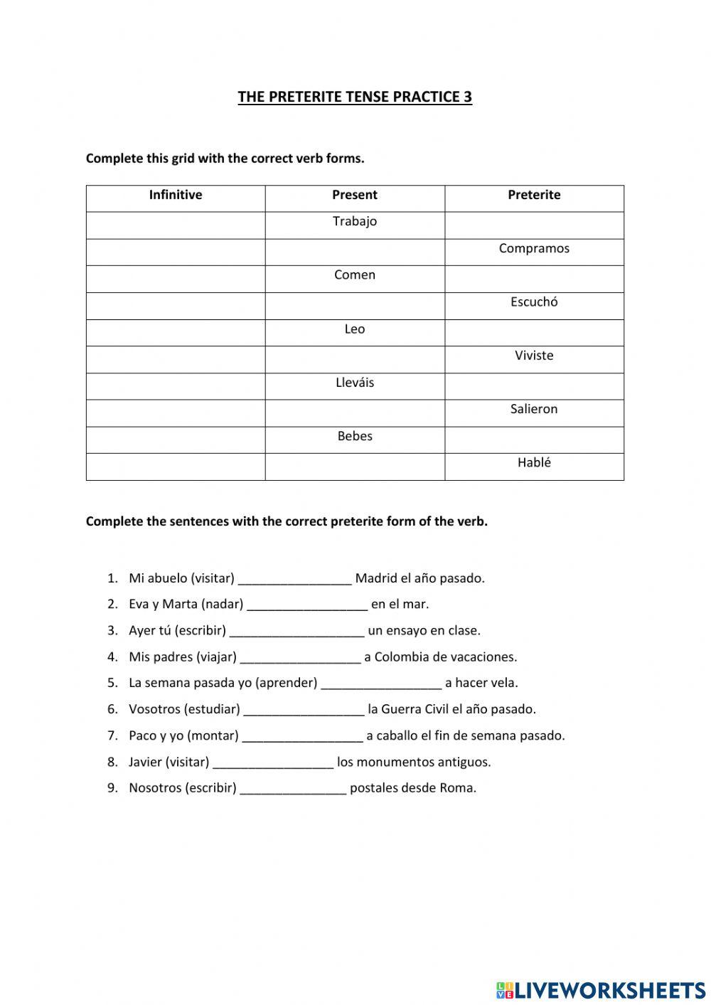 The Preterite Tense exercise | Live Worksheets