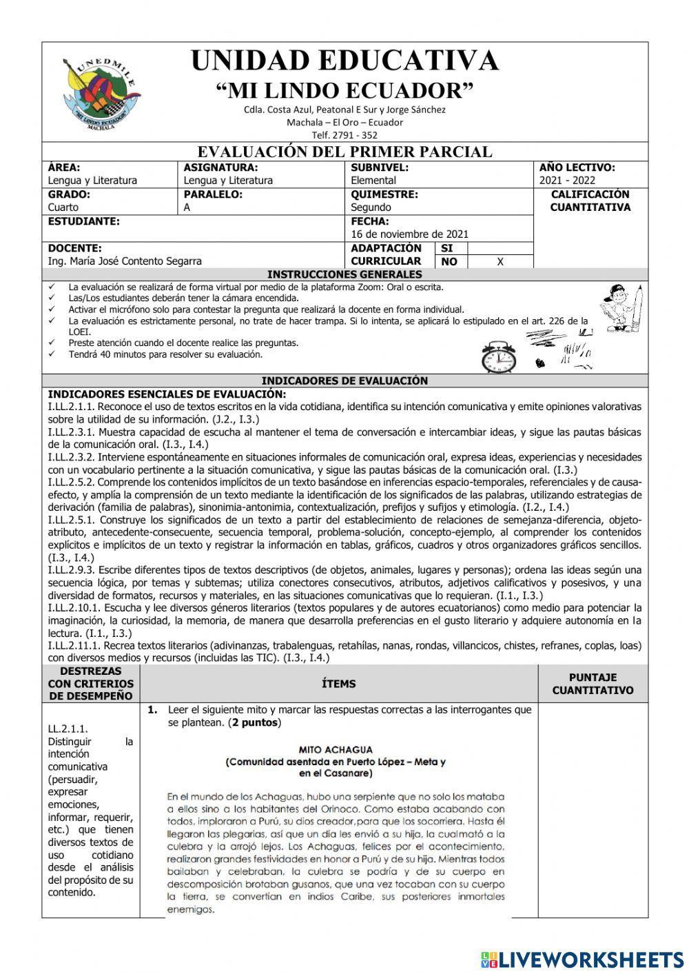 Evaluación del Primer Parcial de Lengua y Literatura del Segundo Quimestre