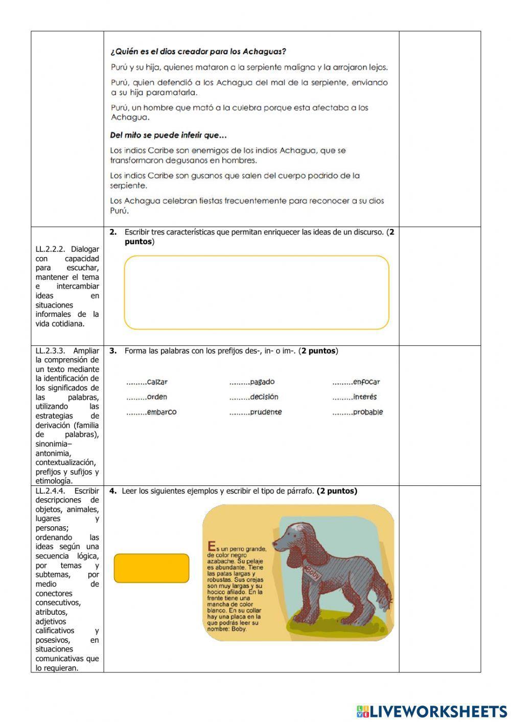 Evaluación del Primer Parcial de Lengua y Literatura del Segundo Quimestre