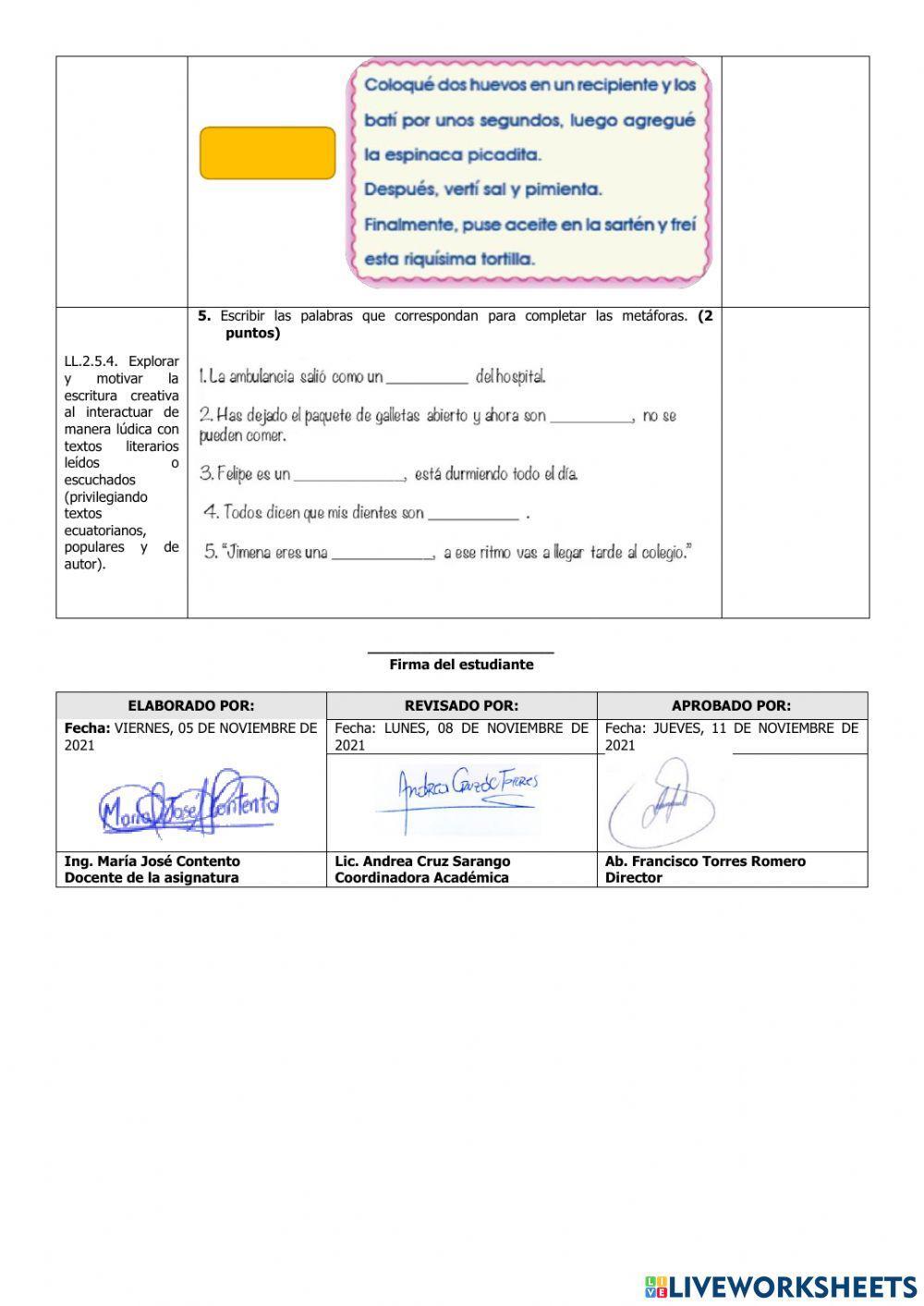 Evaluación del Primer Parcial de Lengua y Literatura del Segundo Quimestre