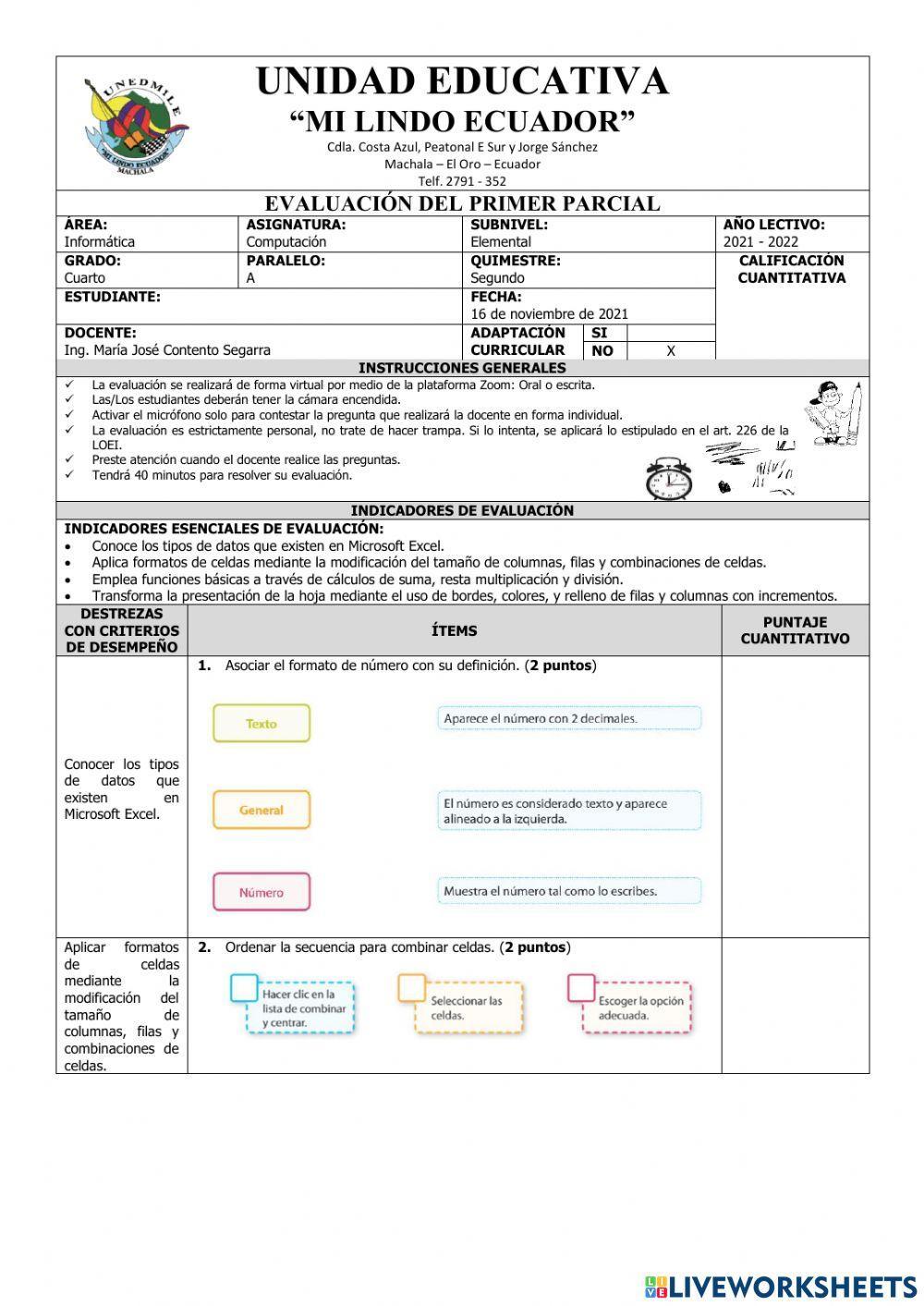 Evaluación del Primer Parcial de Computación Cuarto del Segundo Quimestre