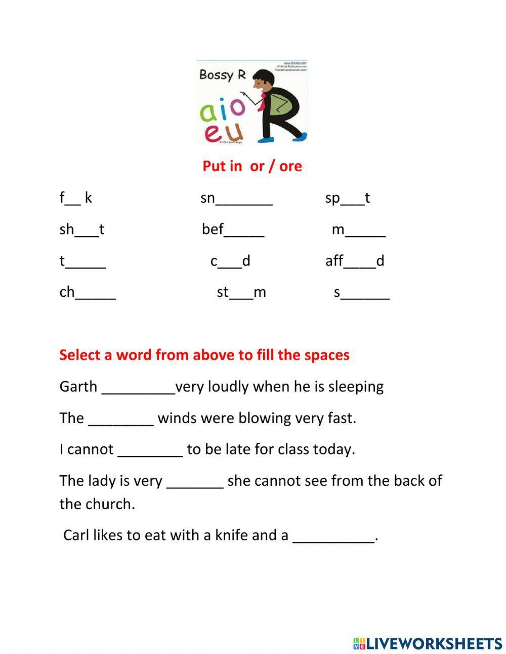 R controlled vowels: or-ore
