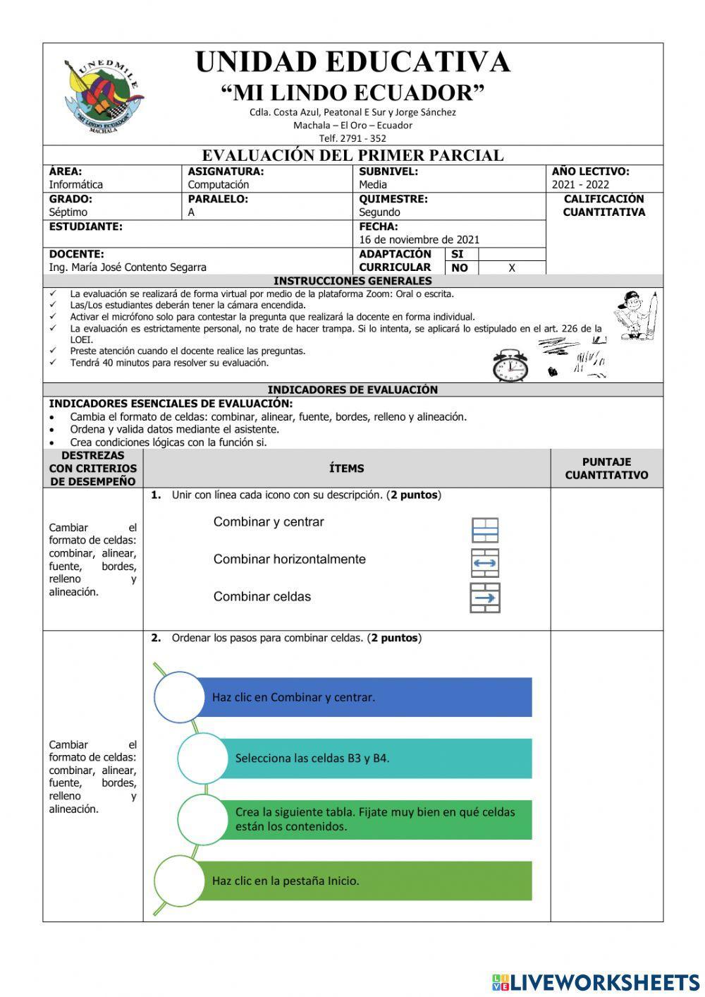 Evaluación del Primer Parcial de Computación Séptimo del Segundo Quimestre