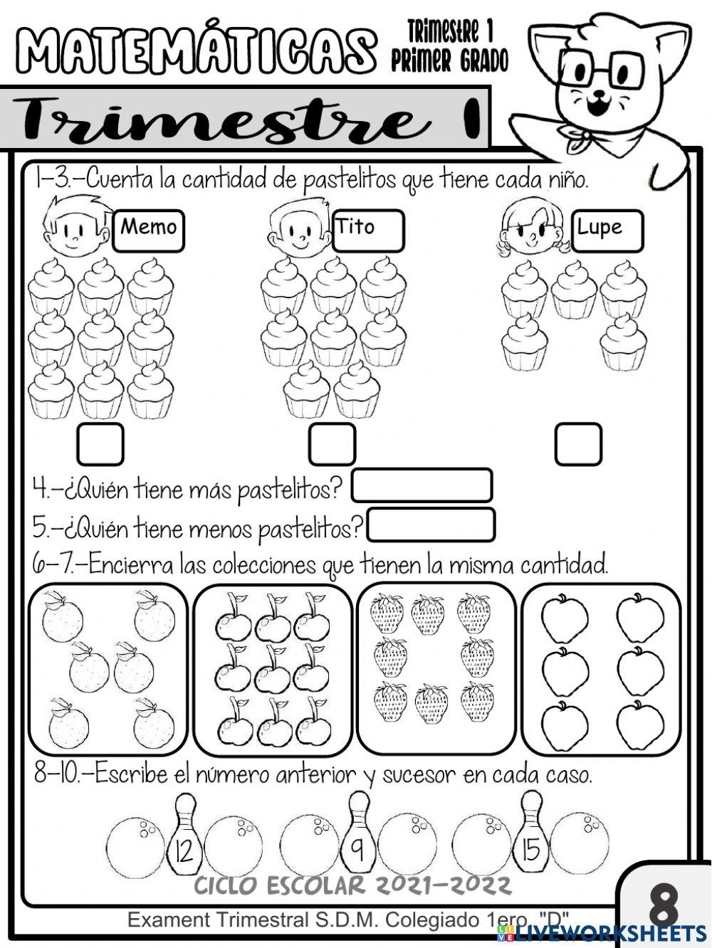 EXAMEN TRIMESTRAL MATEMÁTICAS 1ER. TRIMESTRE1ER. GRADO