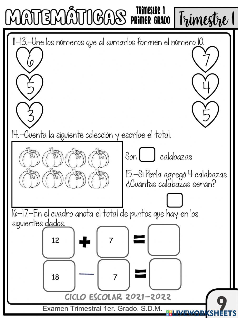 EXAMEN TRIMESTRAL MATEMÁTICAS 1ER. TRIMESTRE1ER. GRADO