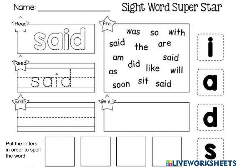 Sight Word said interactive worksheet | Live Worksheets Sight Word said interactive worksheet | Live Worksheets