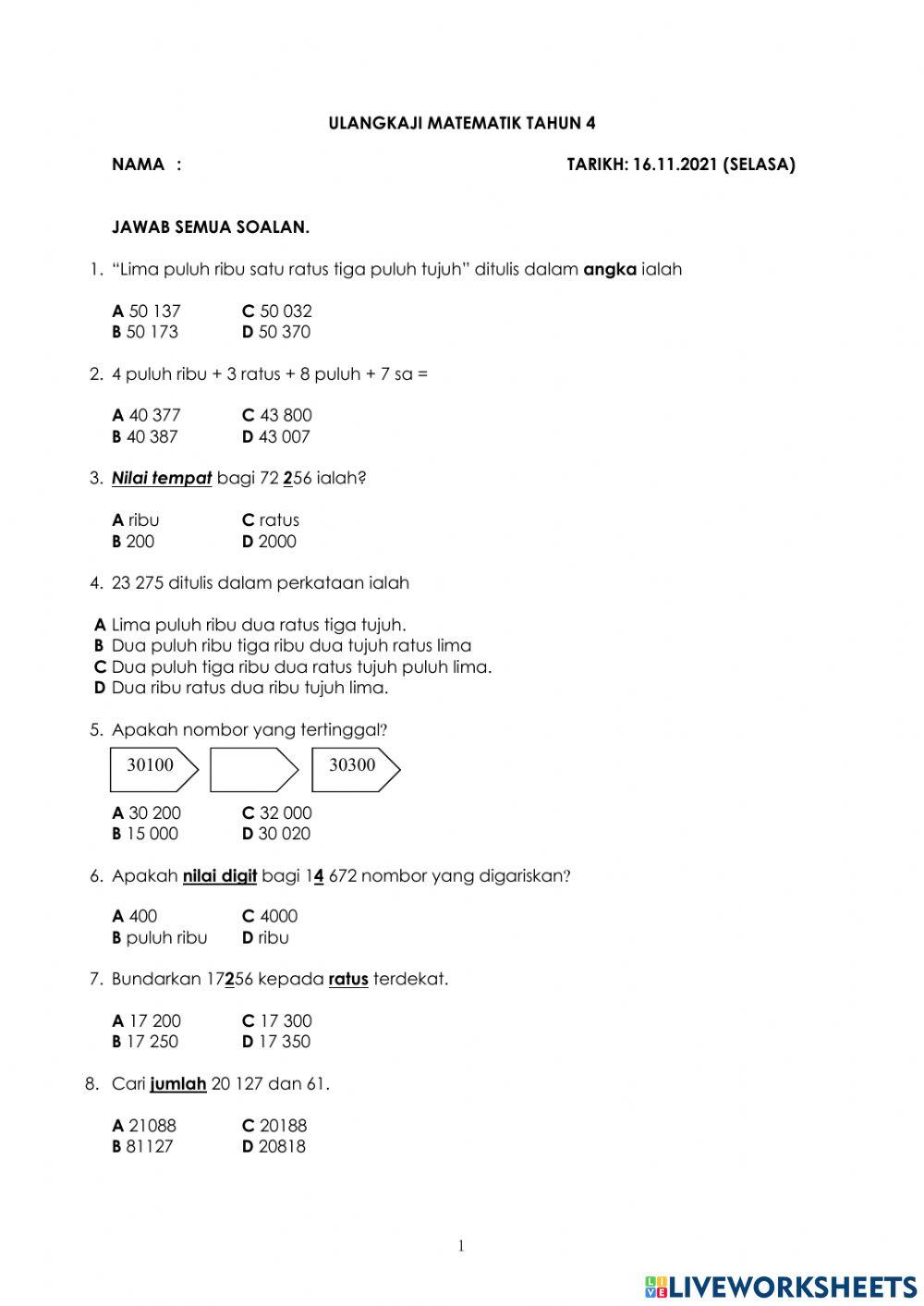Ulangkaji math tahun 4