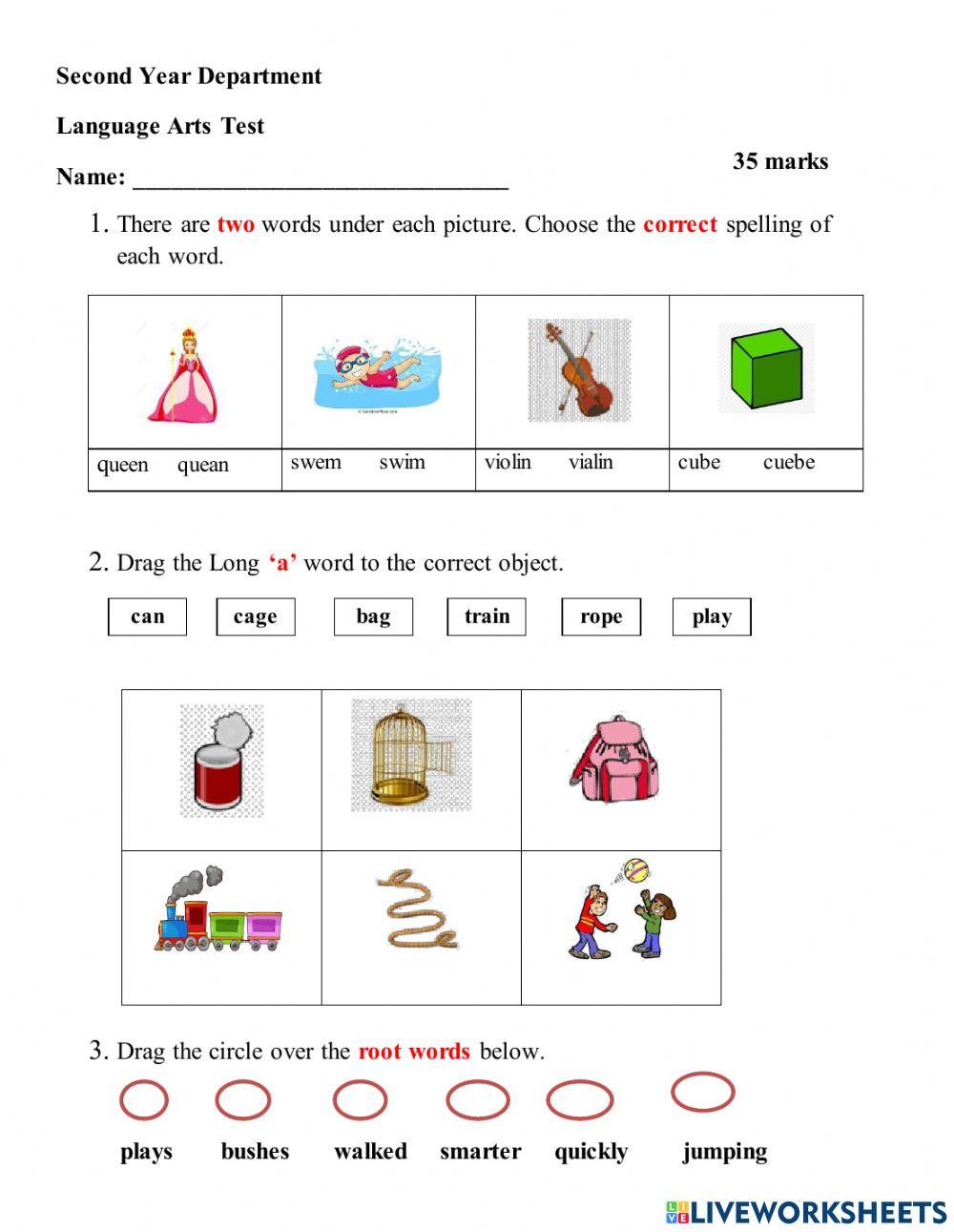 Second year language arts test online exercise for live worksheets