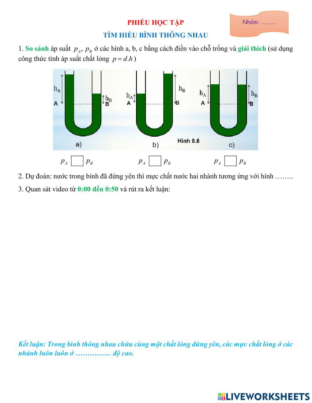 Phiếu học tập áp suất chất lỏng - BTN