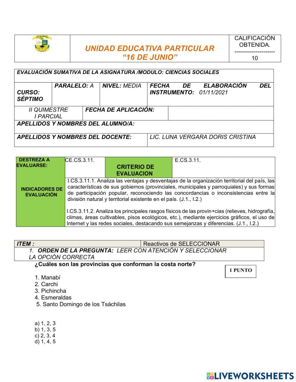 Evaluaciòn de 7mo año