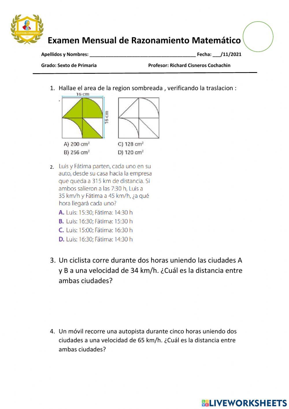 Examen de razonamiento matemático