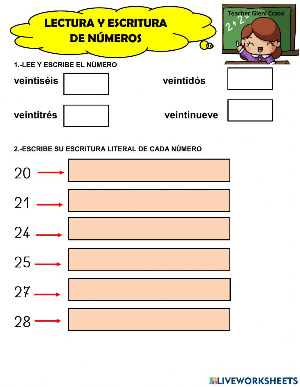 Lectura y escritura de números 20-30