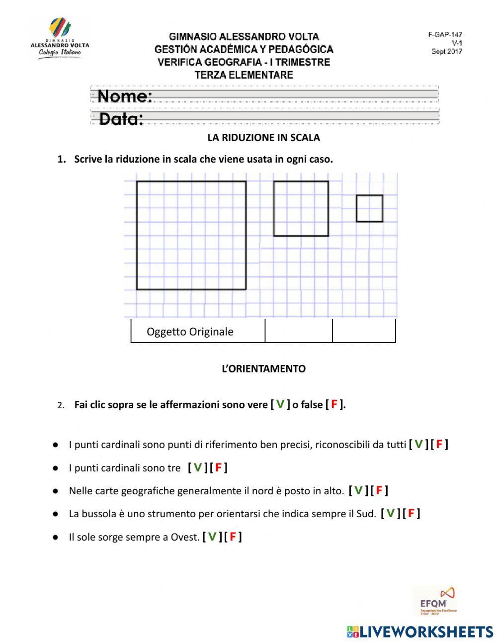 Verifica Geografia Terza elementare