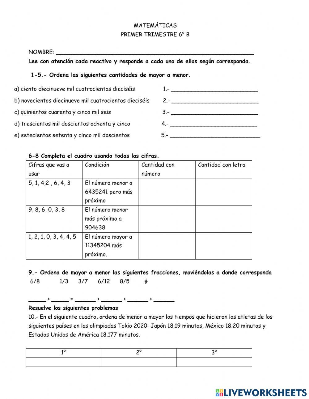 Matemáticas primer trimestre 6° b