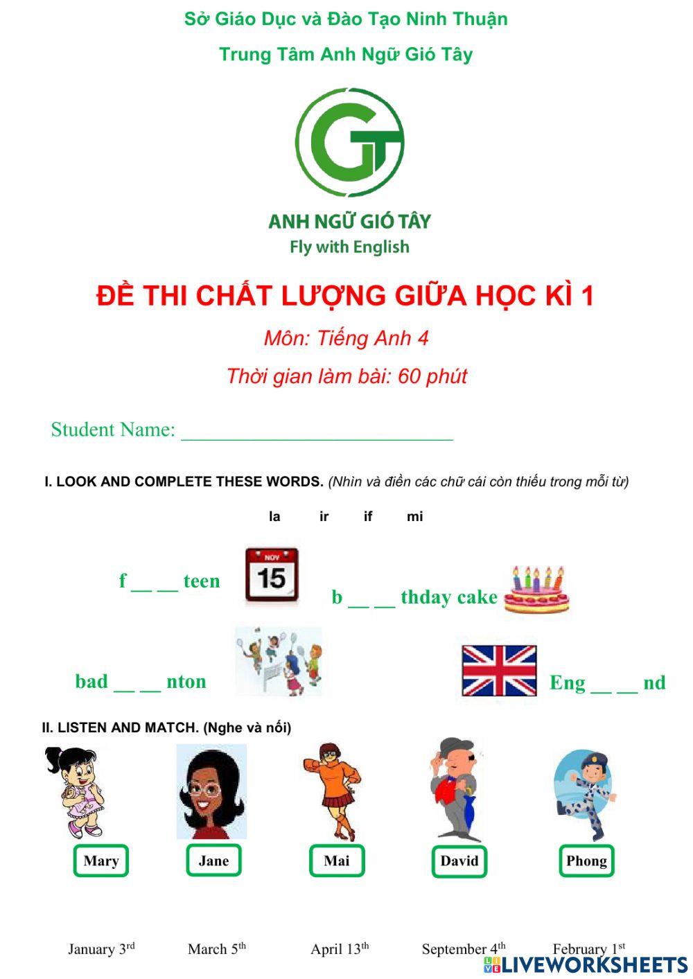 Thi Giữa Học Kỳ 1 Lớp 4