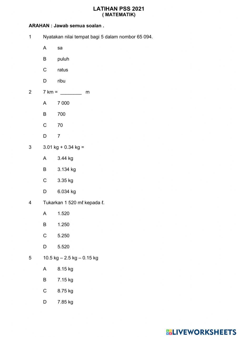 Latihan pss matematik thn5