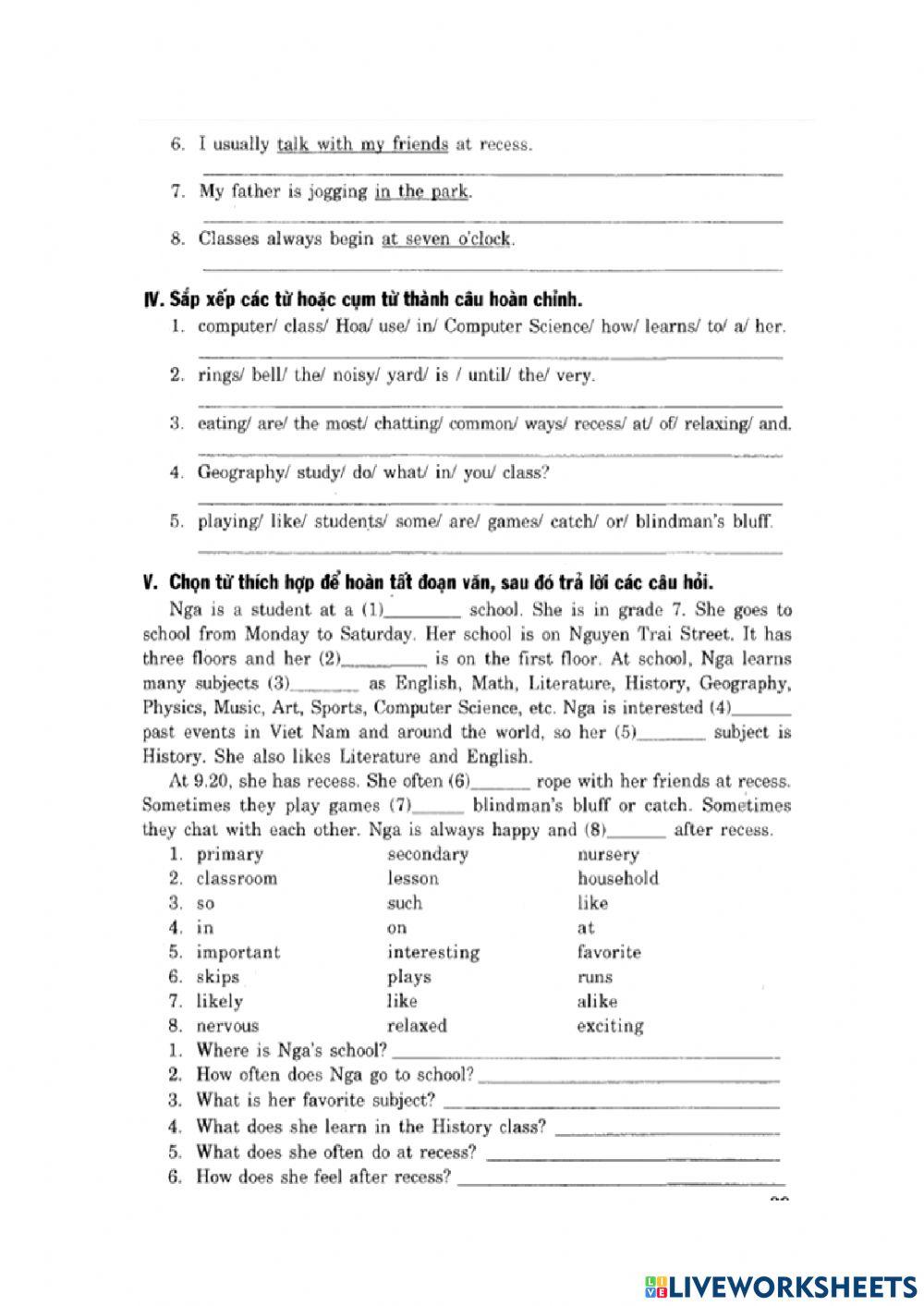 Test for unit 5 - Grade 7 Mai Lan Huong