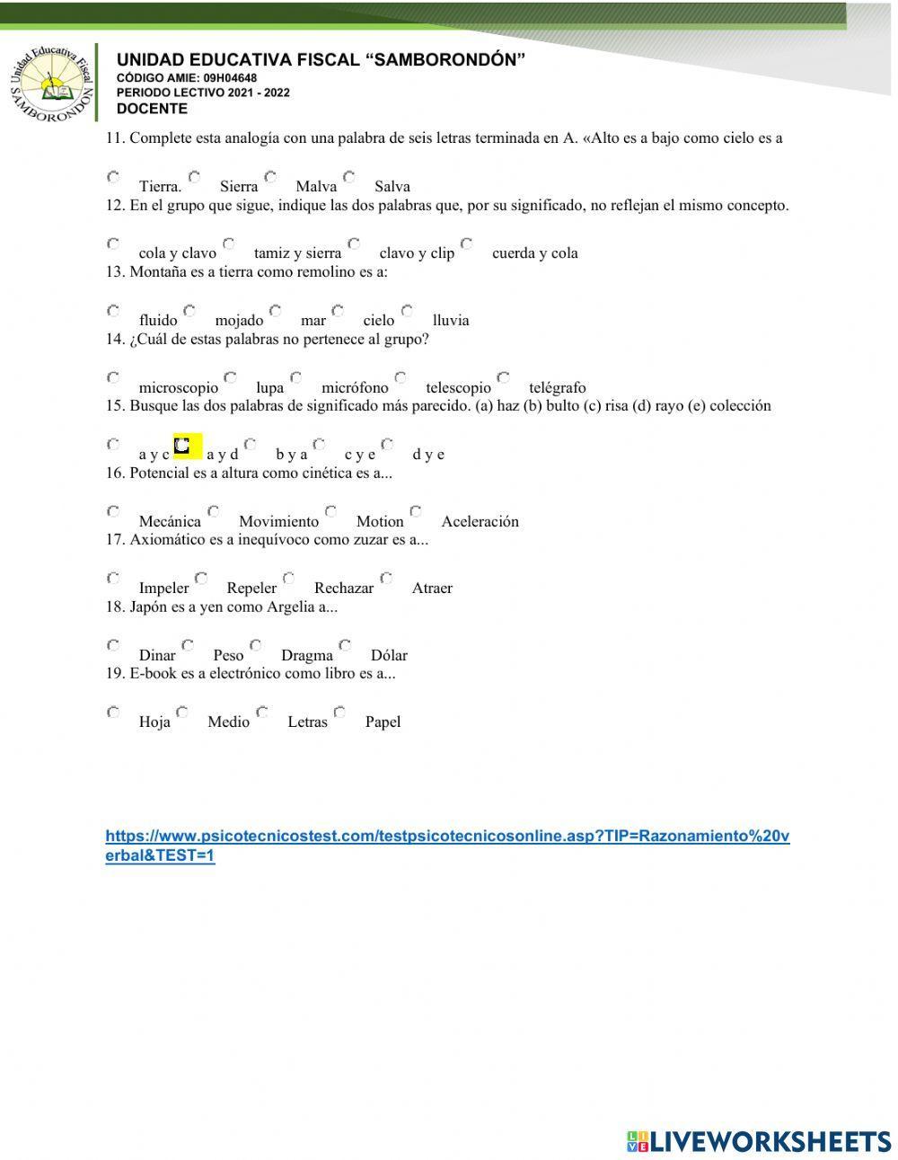 Sinónimos, Antónimos, Analogías y Selección Lógica