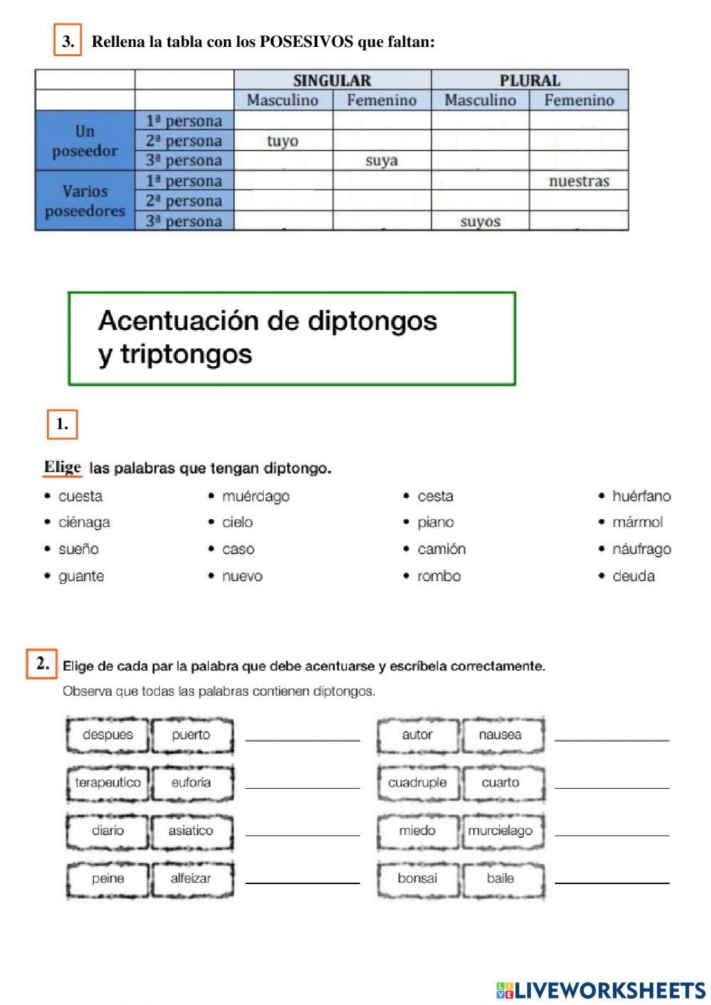 Demostrativos,posesivos, diptongos y triptongos