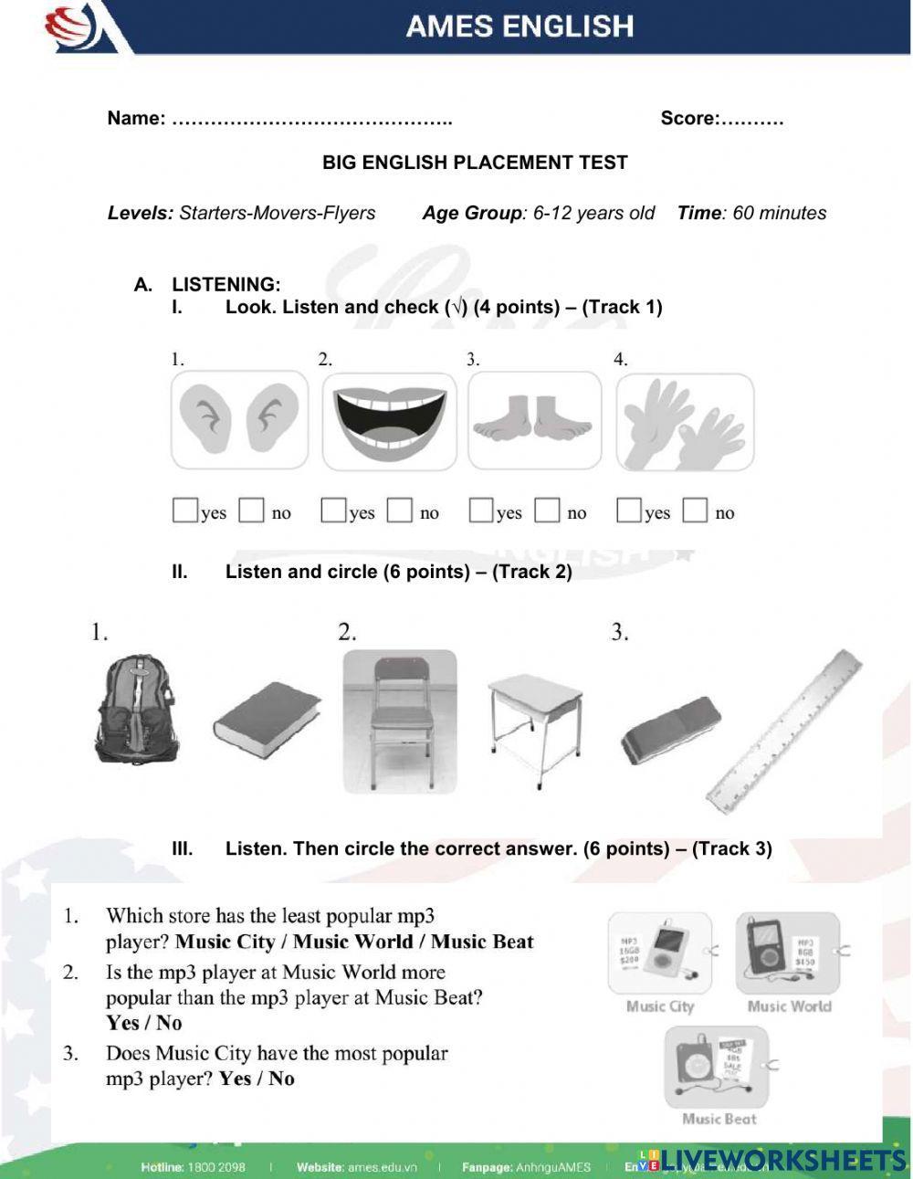 Big English Placement Test (Starters+ Movers)