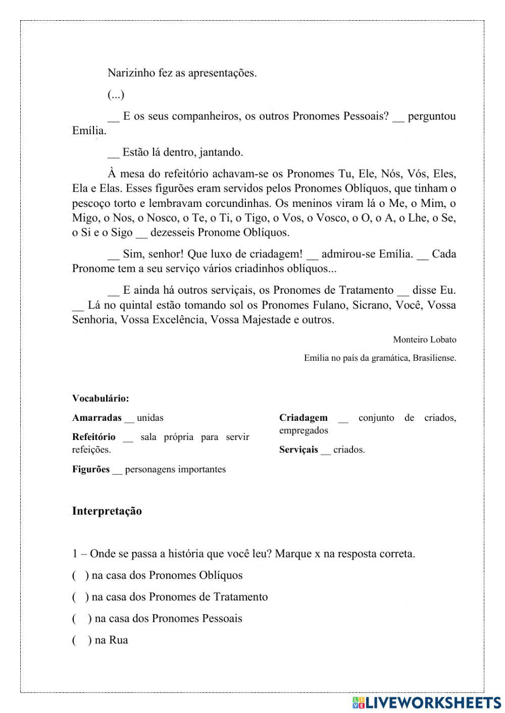 Pronomes atividade assíncrona de Português