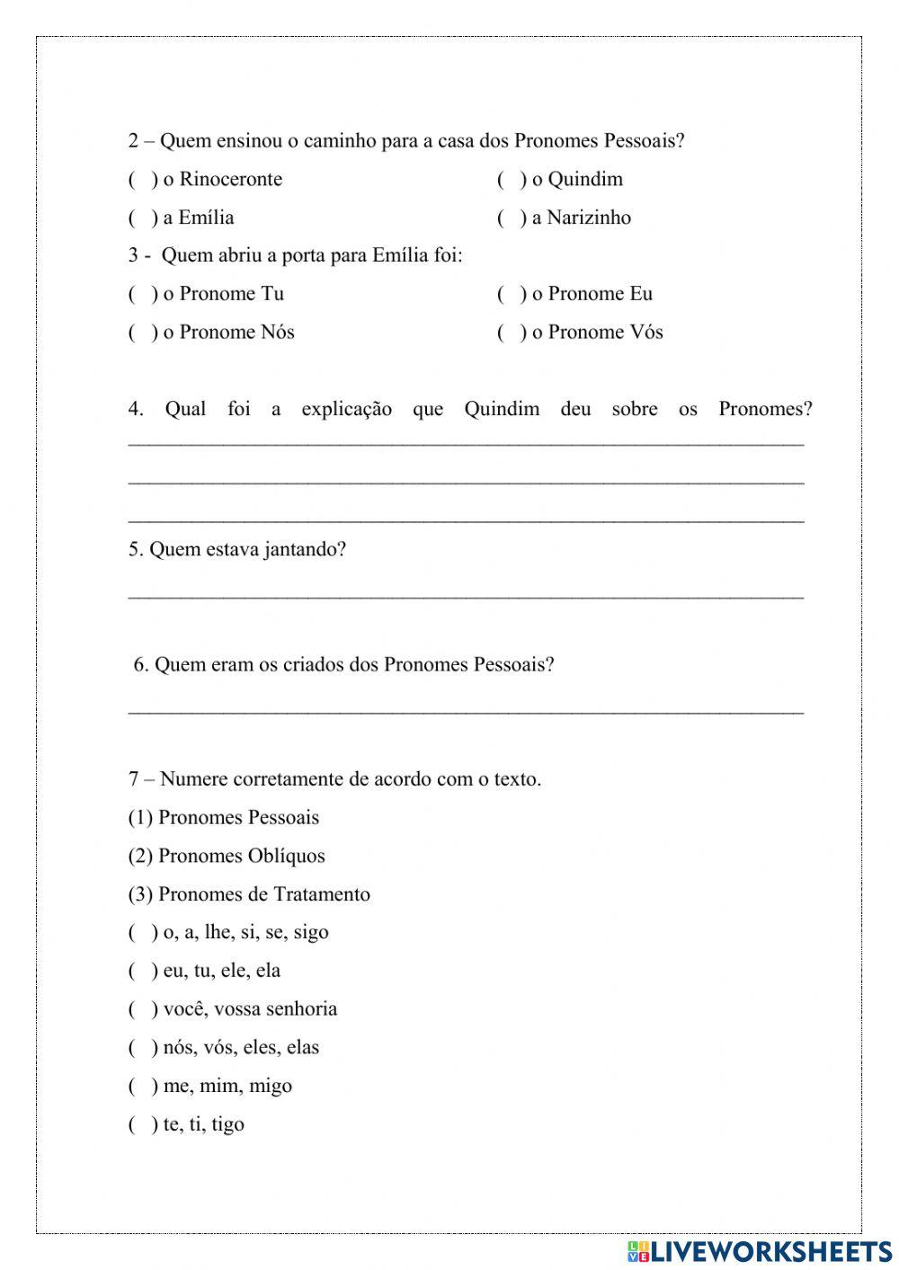 Pronomes atividade assíncrona de Português