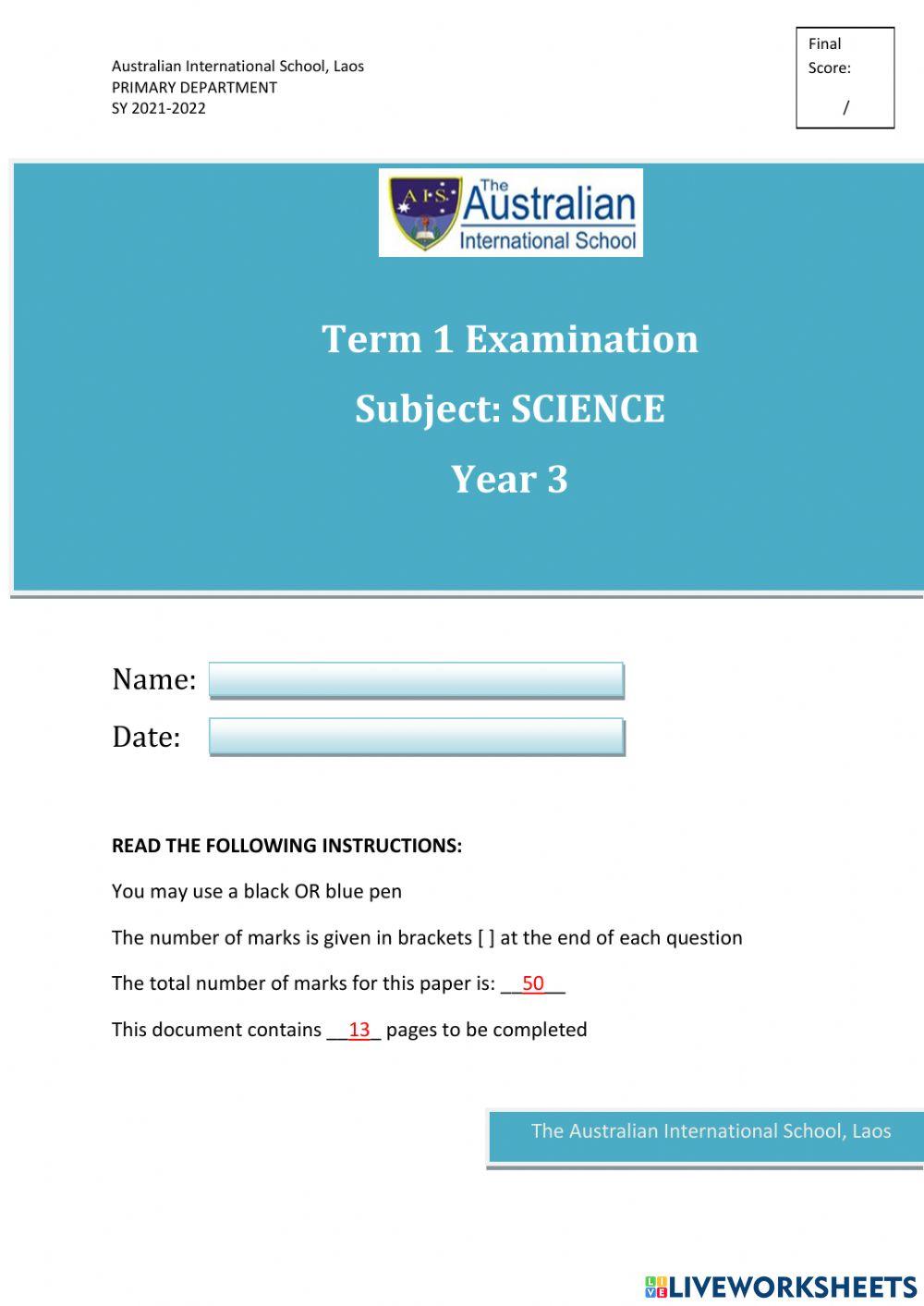 First Term Examination in Science (part 2)