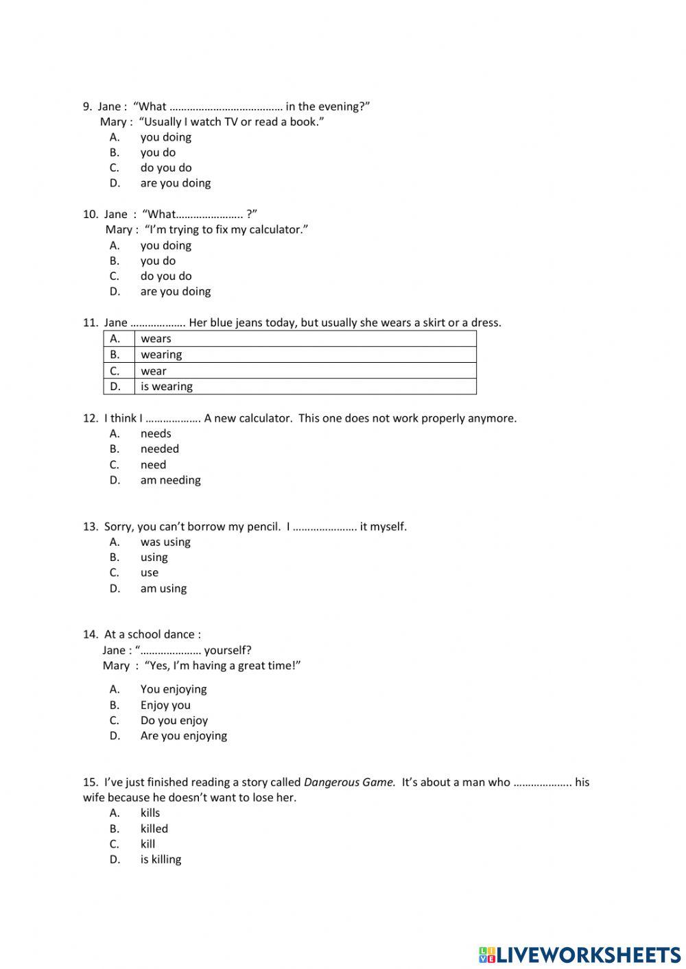 Grammar multiple choice online exercise for Live Worksheets