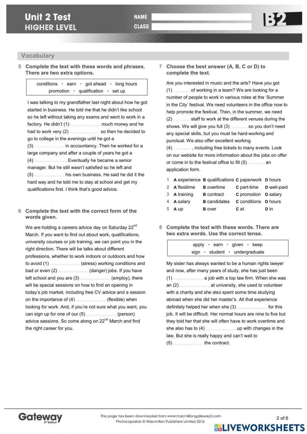Summative Test 3 Form 10 Unit 2 Gateway B2 Online Exercise For.
