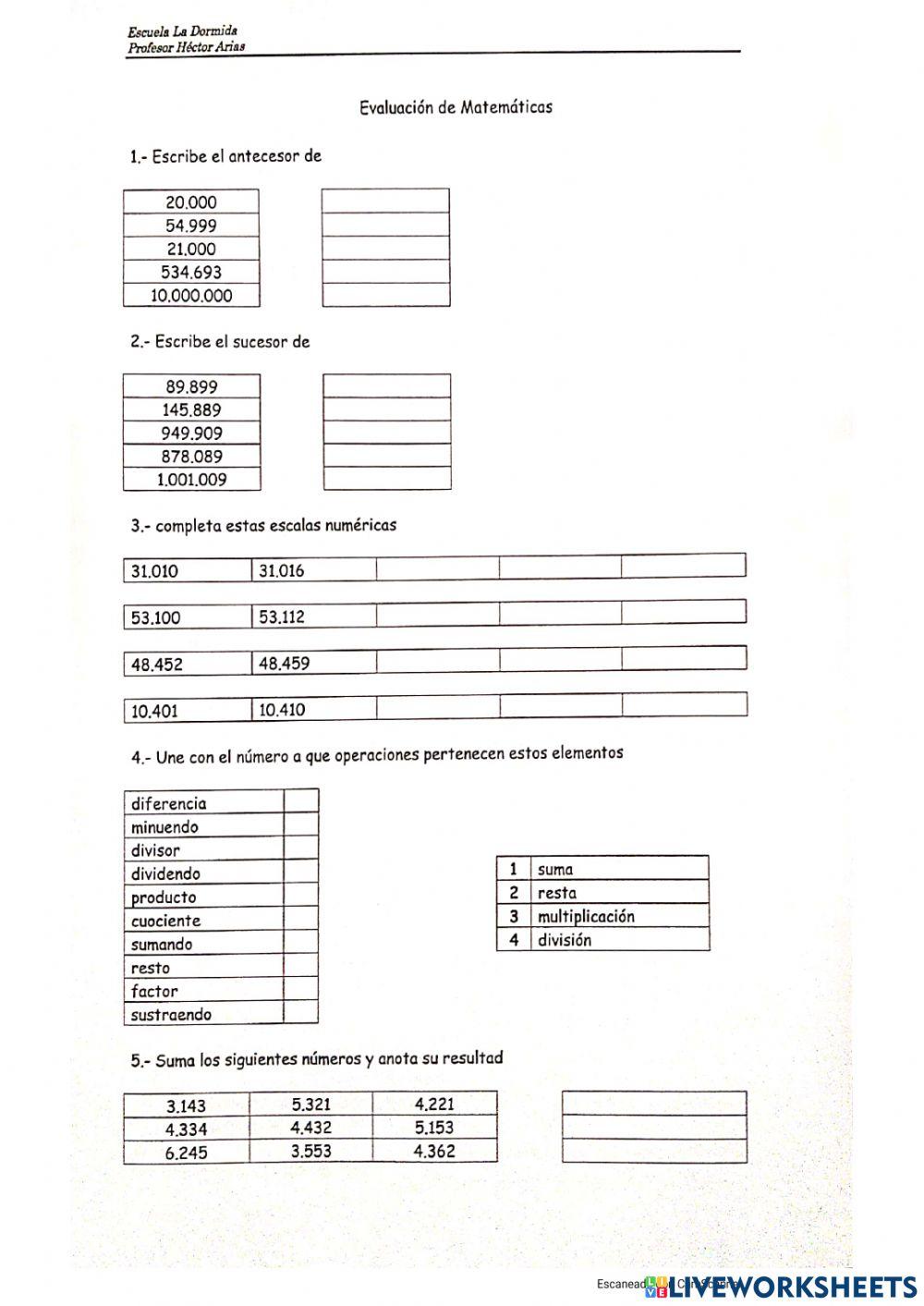 Evaluacion matematicas 5°