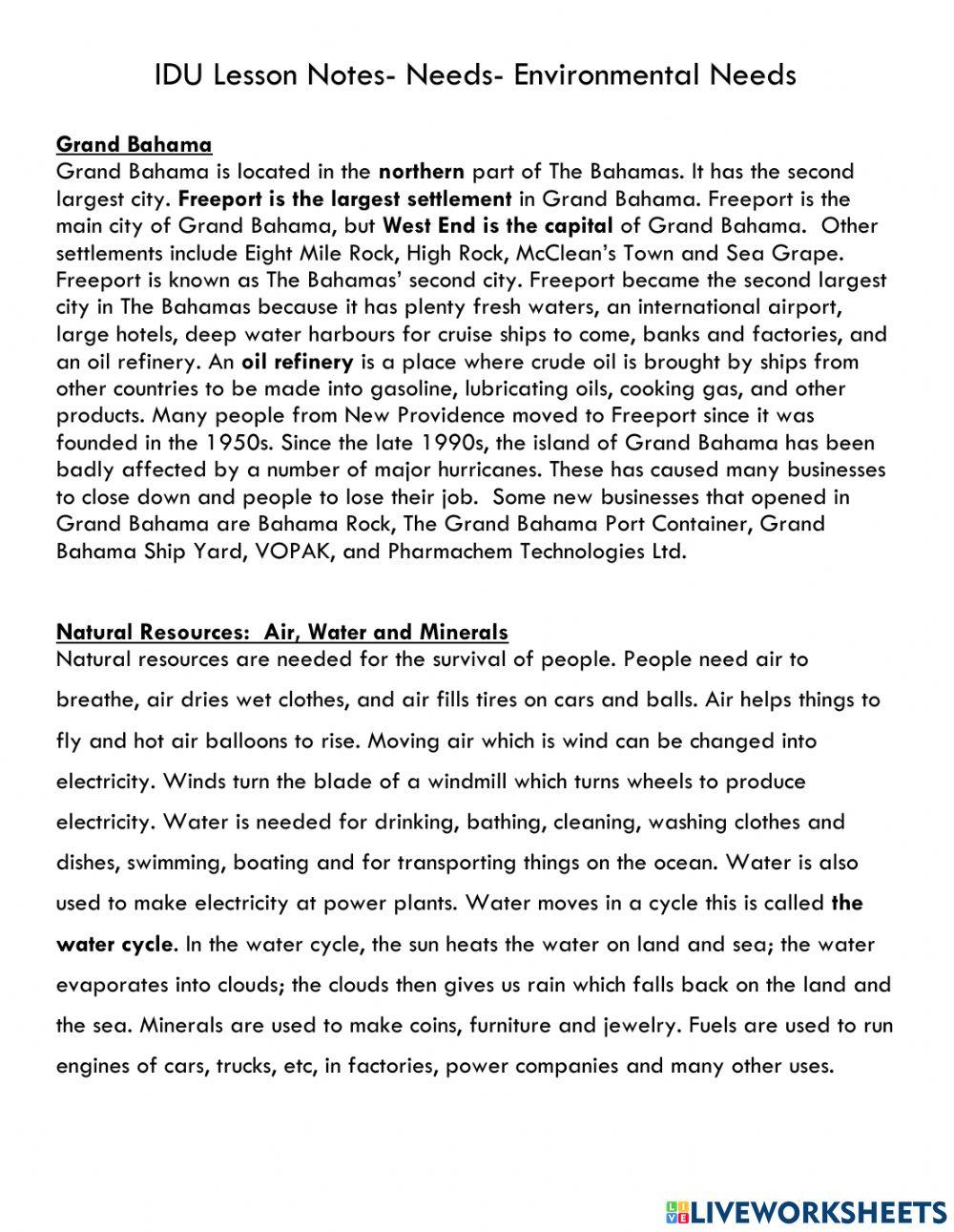 IDU Class Notes: Environmental Needs 1