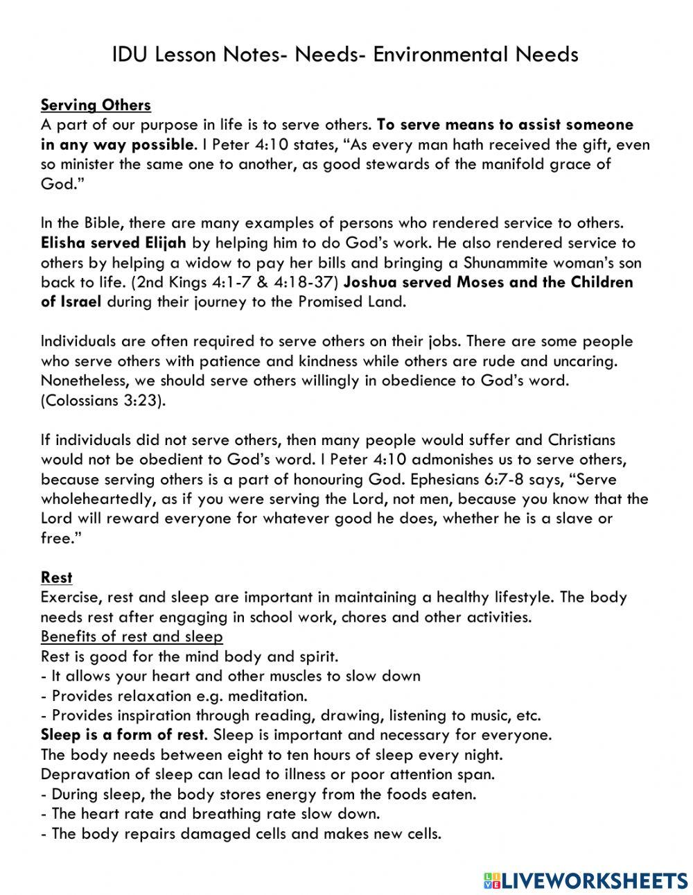 IDU Class Notes- Environmental Needs 2