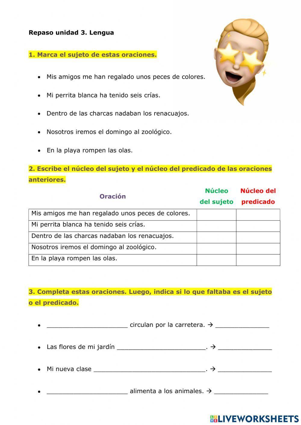 Sujeto y predicado. Tilde en diptongos y triptongos