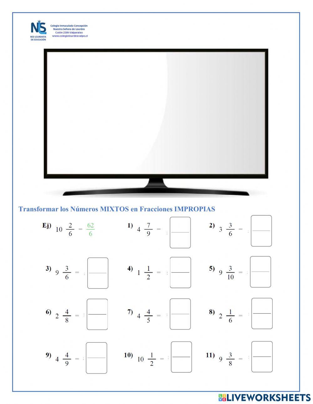 Transformar números mixtos a fracción impropia