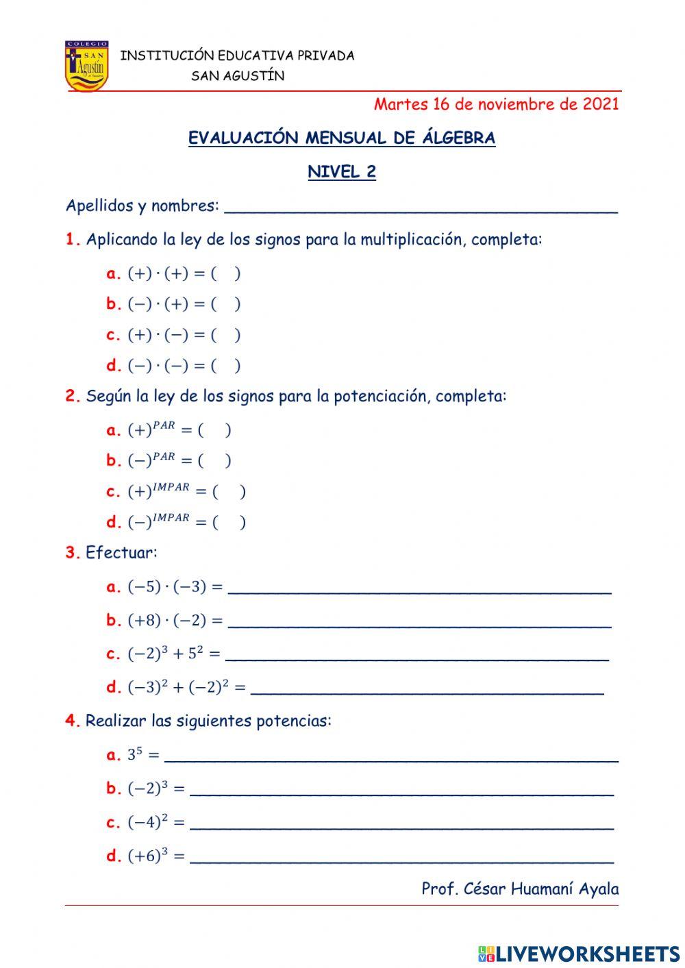 Evaluación mensual de Álgebra