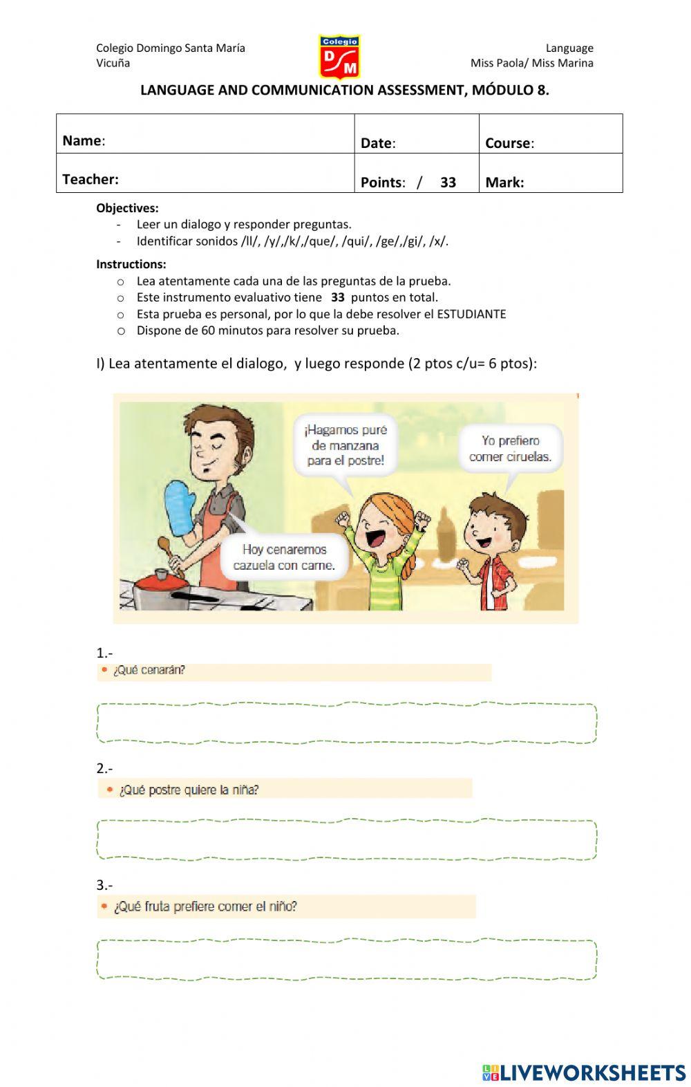 Evaluación lenguaje módulo 8 - 1°a