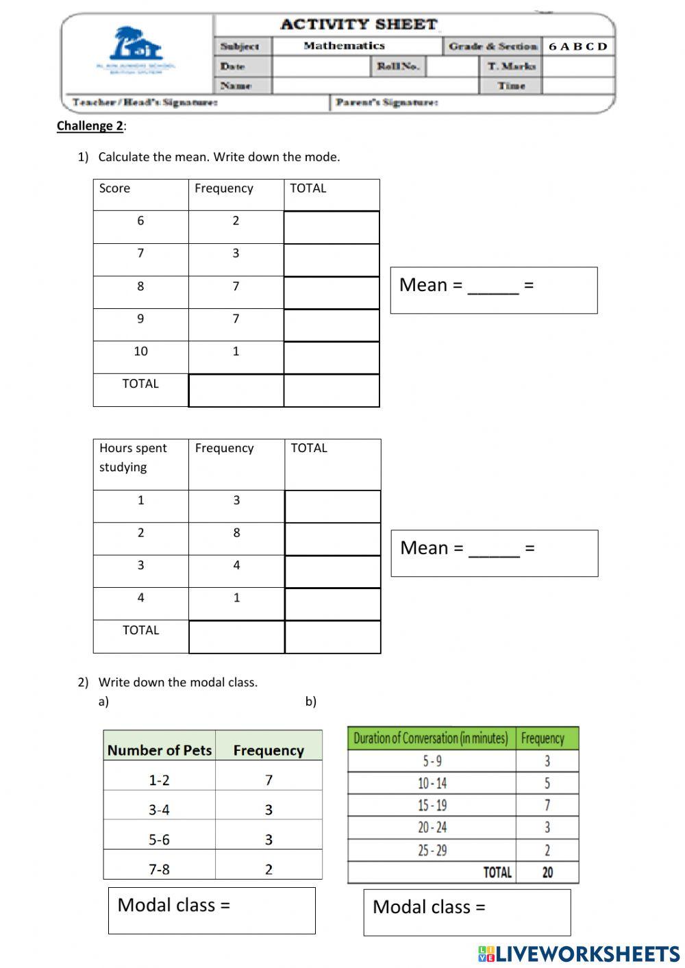 Mean - Frequency Table