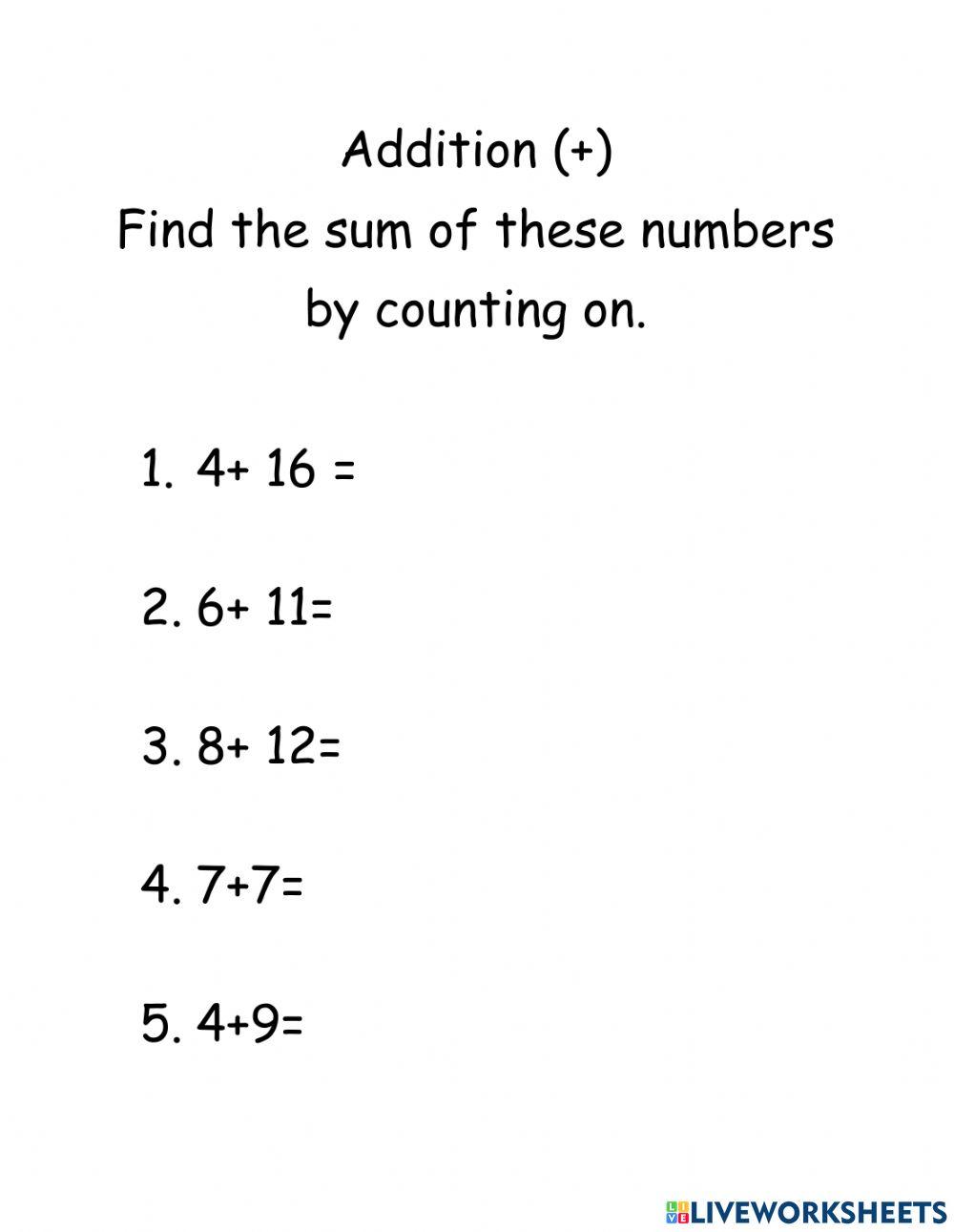 Simple addition online activity for grade 2 live worksheets