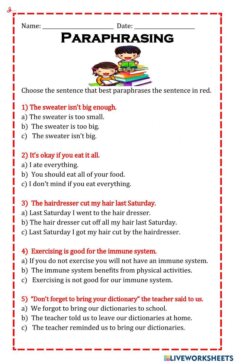 paraphrasing worksheets 3rd grade pdf