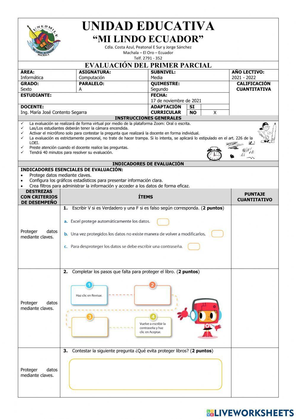 Evaluación del Primer Parcial de Computación Sexto del Segundo Quimestre