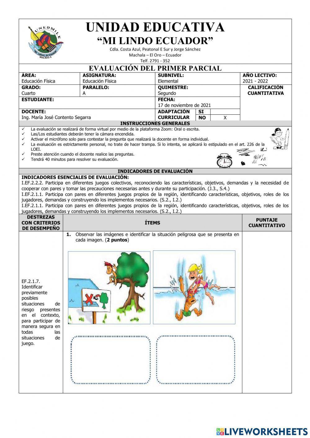 Evaluación del Primer Parcial de Educación Física del Segundo Quimestre
