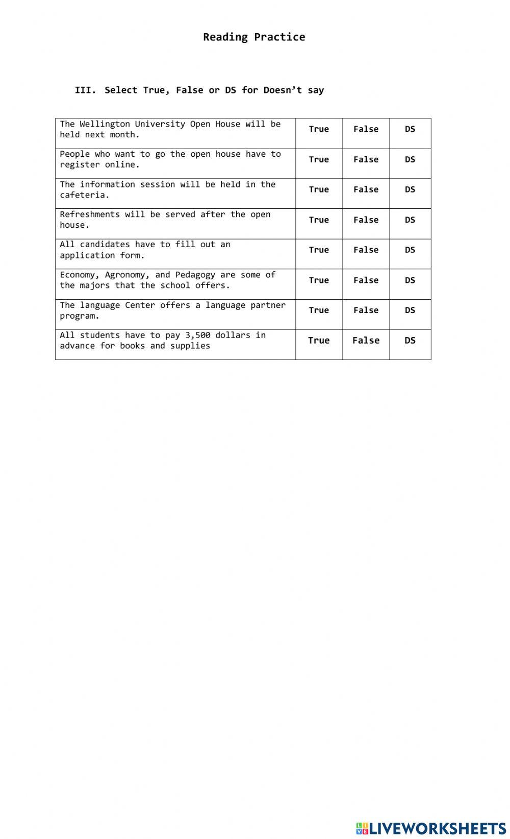 Reading practice 9th online exercise for live worksheets