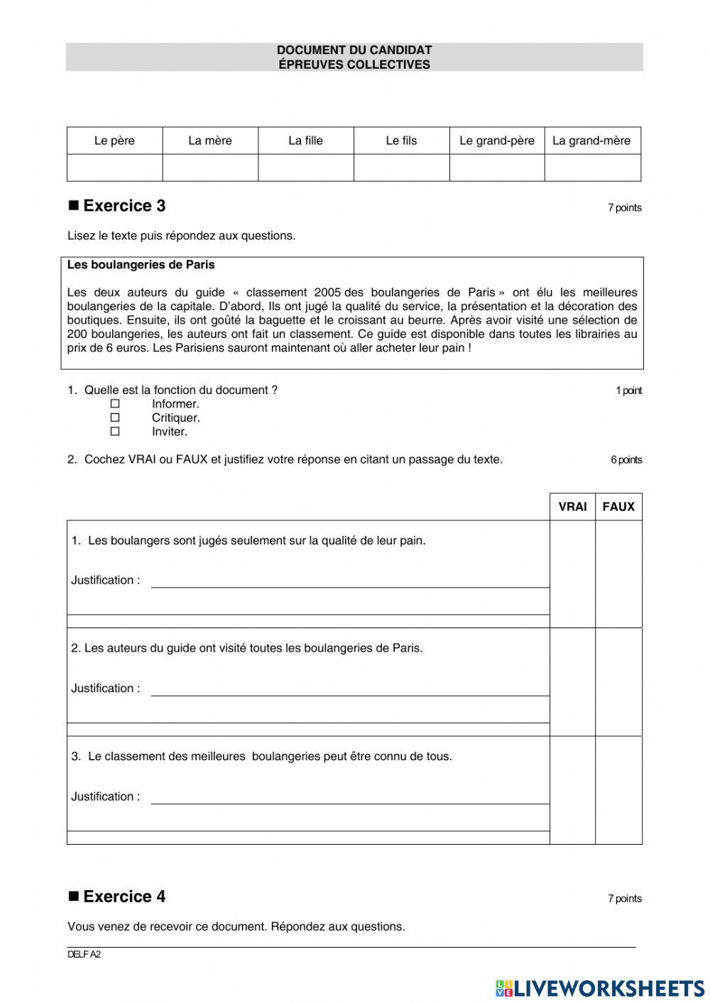 Delf a2 sujet 4 online exercise for live worksheets