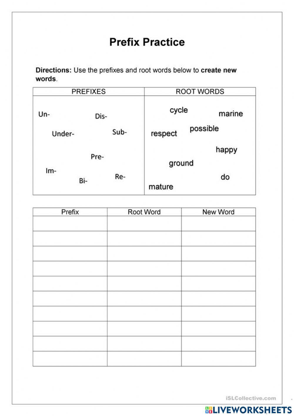 Prefixes online pdf worksheet | Live Worksheets
