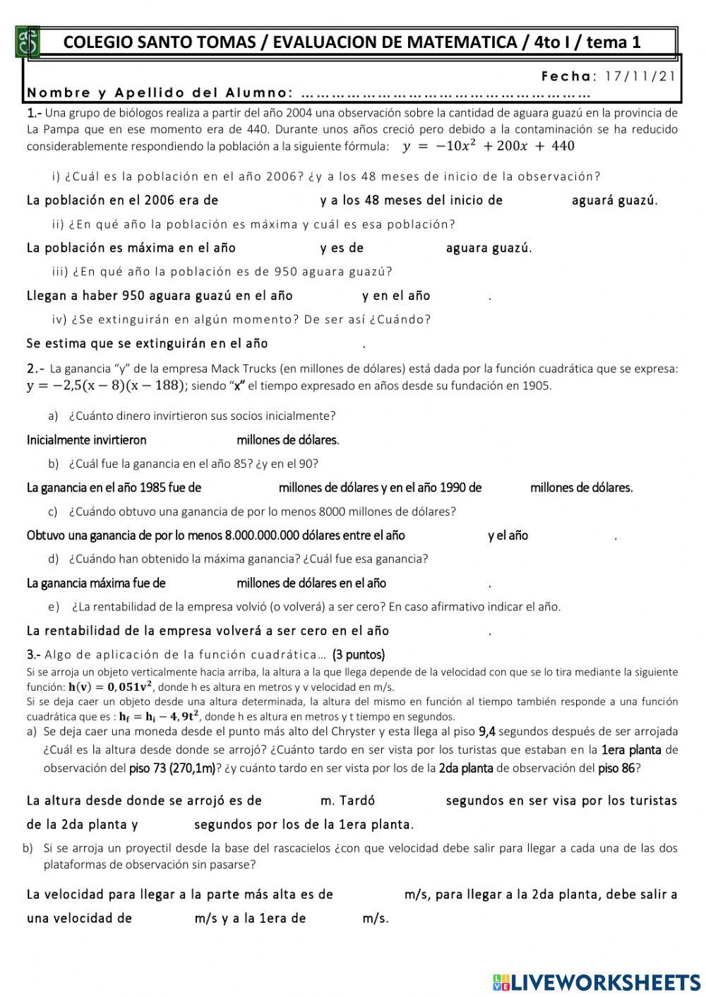 Evaluación de problemas de Cuadrática