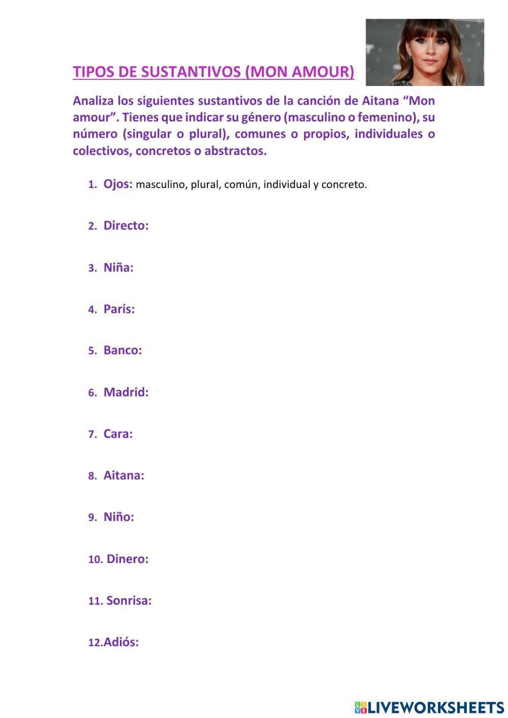 Tipos de sustantivos (mon amour - aitana)